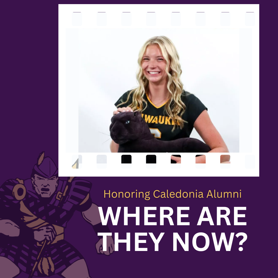 Graphic honoring Caledonia alumni featuring 2025 graduate Josie Noble in her University of Wisconsin-Milwaukee volleyball uniform, holding the Panthers mascot. Text reads, “Honoring Caledonia Alumni: Where Are They Now?” with the Caledonia Fighting Scot mascot on a purple background.