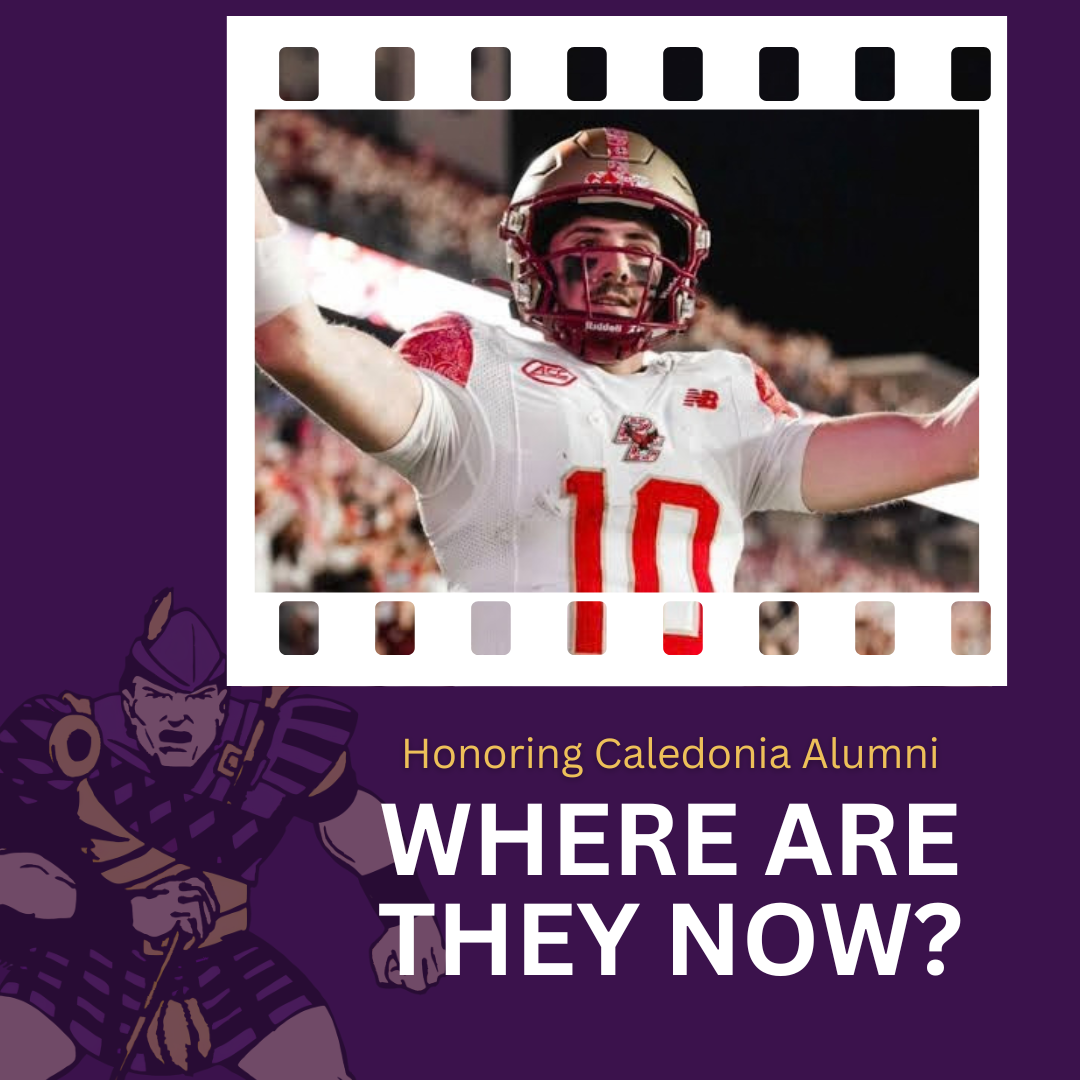 Graphic honoring Caledonia alumni featuring Class of 2023 graduate Mason McKenzie in his Boston College football uniform. Text reads, “Honoring Caledonia Alumni: Where Are They Now?” with the Caledonia Fighting Scot mascot on a purple background.
